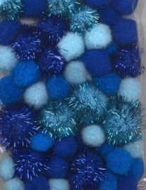 CE800600/3303- 50 stuks pompoms van 2 tot 3.5cm lichtblauw/donkerblauw glitter