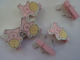 CH.031- 6 stuks wasknijpers babyroze met baby figuurtjes - SUPERLAGE PRIJS!