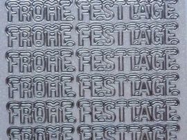 st1050- parelmoer stickervel wit/zilver tekst Frohe Festtage met sneeuwlaagje 10x20cm