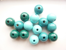 6013 506- 15 x houten kralen mix turqoise/blauw van 15mm