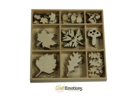 CE811500/0312- 75 stuks houten ornamentjes in een doosje bladeren 10.5x10.5cm