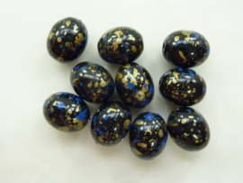 00827- 10 stuks kunststof kralen gemarmerd zwart/goud/blauw 14x11mm OPRUIMING