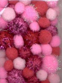CE800600/3304- 50 stuks pompoms van 2 tot 3.5cm roze/rood glitter