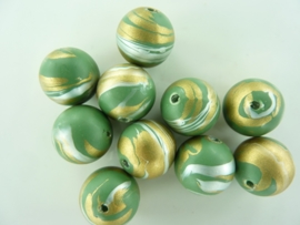 00090- 10 stuks kunststof kralen van 15mm gemarmerd groen/goud OPRUIMING