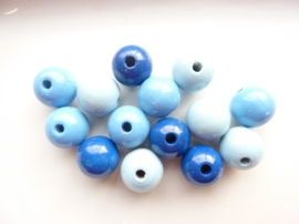 6013 507 - 15 x houten kralen mix blauw van 15mm