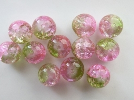 4086- 12 stuks qraccle glaskralen van 10mm roze/groen