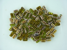 808- ca. 90 stuks glaskralen met 4 gaatjes 5x3mm geel/brons