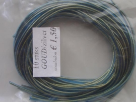 266- 10 x scoubidou touwtjes van 1 meter goud met blauw/groen