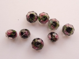 1321- 8 stuks geslepen lampwork glaskralen met roosjes 10x7mm - SUPERLAGE PRIJS!