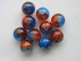 4080- 10 x qraccle glaskralen 10mm tweekleurig oranje/blauw