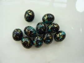 00853- 10 stuks kunststof kralen gemarmerd zwart/goud/turquoise 14x11mm OPRUIMING