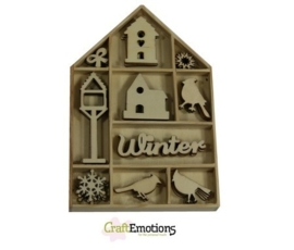 CE811500/0321- 50 stuks houten ornamentjes in een doosje winter 10.5x10.5cm