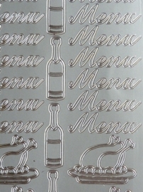 st991- stickervel met tekst menu en afbeeldingen wijn en kalkoen 10x23cm zilver