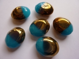 3255- 6 stuks electroplated glaskralen 24x20x6.5mm blauw/goud - SUPERLAGE PRIJS!
