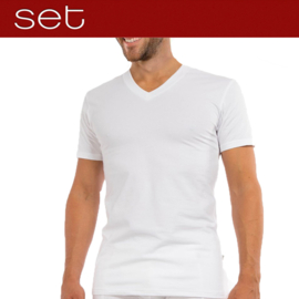 Shirt merk `SET` microvezel 304 wit  zijde-achtig V hals