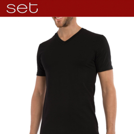 Shirt merk `SET` microvezel 303 zwart zijde-achtig V hals