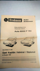 Opel Kapitän, Admiral, Diplomat Hirschmann Einbauanleitung Auta 6000