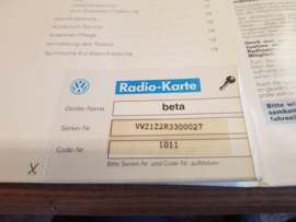 VW BETA  Radio Autoradio code card bedienungsanleitung