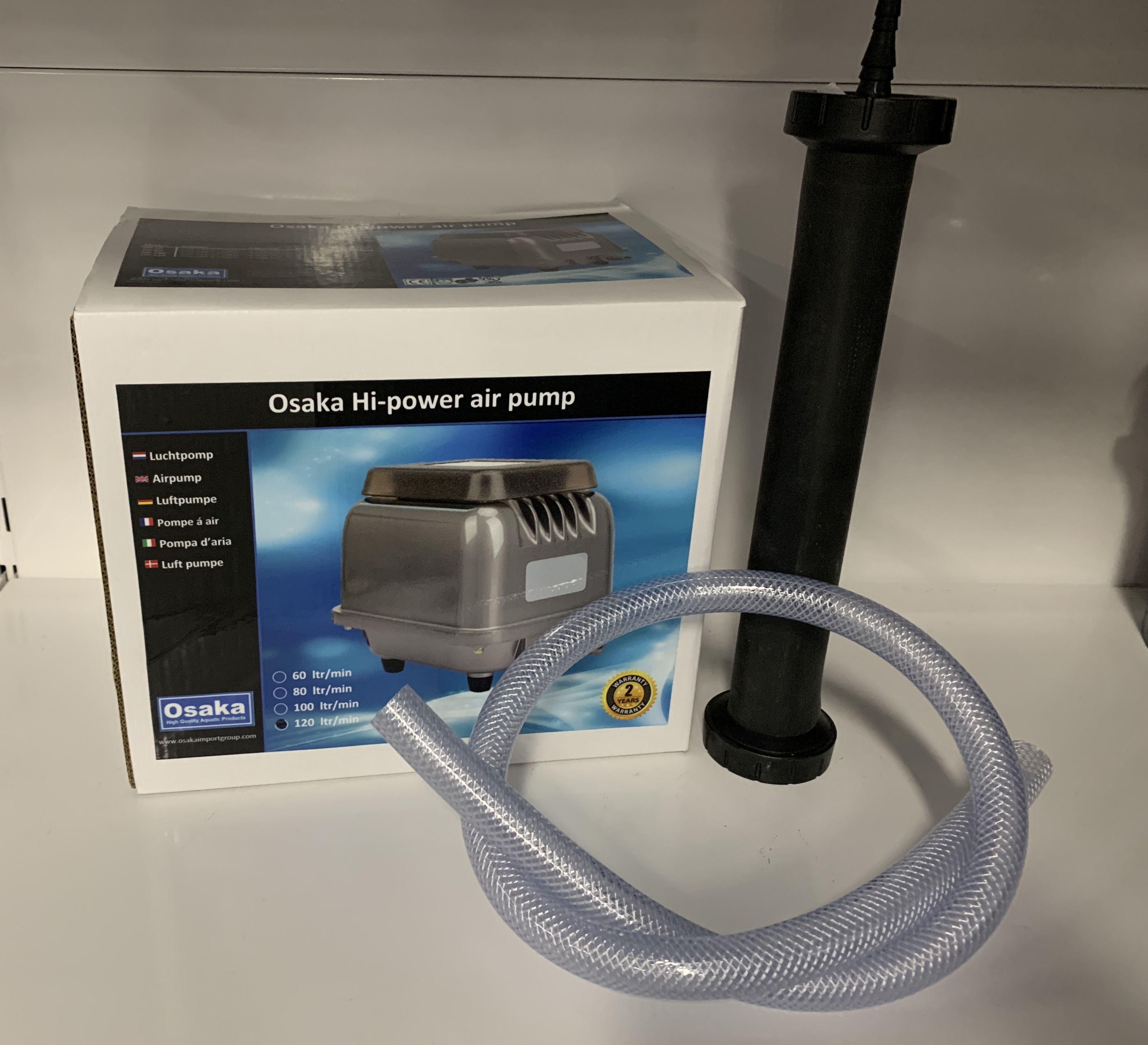 ACTIESET: Osaka Hi-power 120 luchtpomp - nieuw model + membraanuitstromer + slang