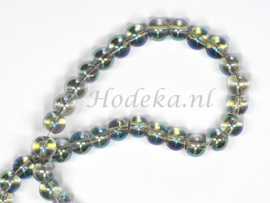 GLR102  12 x glaskraal Transparant Blauw/Groen/Goud parelmoer 8mm