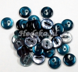 KNO77a  5 x Knoop 2 zijdig ene kant Blauw anderkant Petrol ca. 13 mm