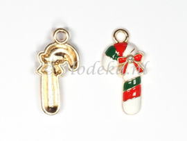 KBD43a  6 x  Kerstbedel Zuurstok met strass steentje 22 x 11 mm