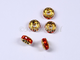 MTS40  5 x Goud kleurige metalen kraal met strass Oranje/Rood 6 x 3 mm