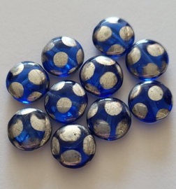 *CPR12  10 x Tsjechische Glaskraal platrond 10 x 5mm Blauw/zilver