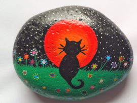 HPS02 Hand painted Happy stone by Hodeka.nl Poes voor maan