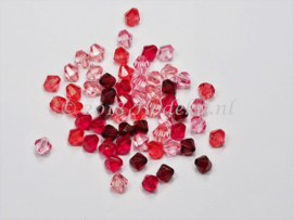 ACB06/06   60 x acrylkraal Bicone 6mm Rood/Roze Mix 