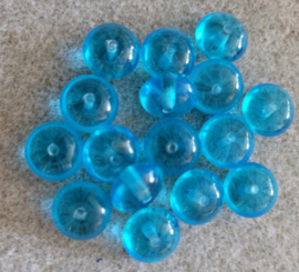 PLR08  14 x Tsjechische Glaskraal platrond 6 x 11mm Aquablauw