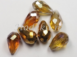 FCT15/05   5 x Facet glaskraal Druppel Bruin en Goud Mix 15 x 10 mm