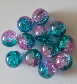 *GLR112   8 x Glaskraal Crackle Petrol/Roze 10mm