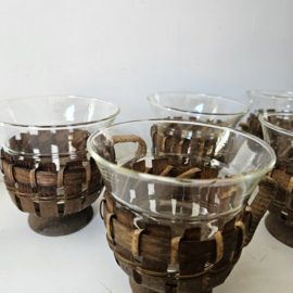 Glazen theekop met houten houder | set van 6