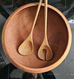 Teak houten salade schaal met slabestek 