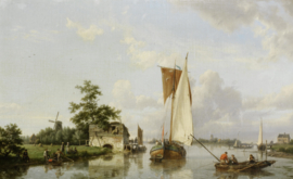 H. Koekkoek, Hollandse rivierscene met een zeilende aak en vissers