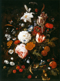 De Heem, Stilleven met bloemen in een glazen vaas en fruit