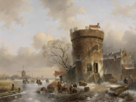 Leickert, Winterlandschap op een bevroren rivier bij een toren