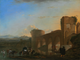 Asselijn, De Tiber en de Ponte Molle bij zonsondergang