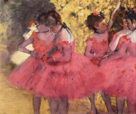 Degas, Ballerina`s in het roze tussen de coulissen