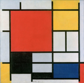 Mondriaan, Compositie met groot rood vlak, geel, zwart, grijs en blauw