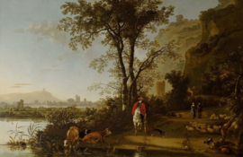 Cuyp, Landschap met ruiter, mensen en vee