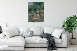 Renoir, Jong meisje in roze, zittend in een landschap