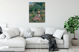 Renoir, Jong meisje in roze, zittend in een landschap