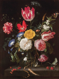 De Heem, Glazen vaas met bloemen op een stenen richel