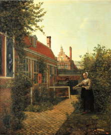 De Hooch, Een vrouw met een bonenmand in een tuin