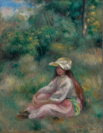 Renoir, Jong meisje in roze, zittend in een landschap