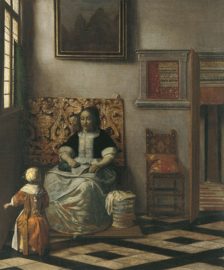 De Hooch, Interieur met een naaiende vrouw
