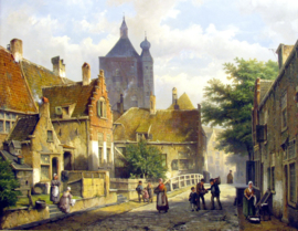 W. Koekkoek, Dorpsbewoners in een zonnige Nederlandse straat