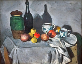 Cézanne, Potten, fles, bekers en fruit